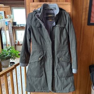 Cabela's Primaloft Green Utility Warm Winter Trench Jacket with Hood. Faux suede